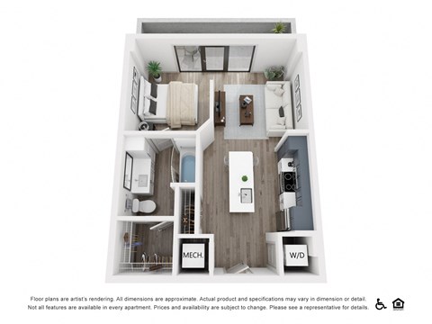 Floor plan for 1 bed, 1 bath, 539 sqft